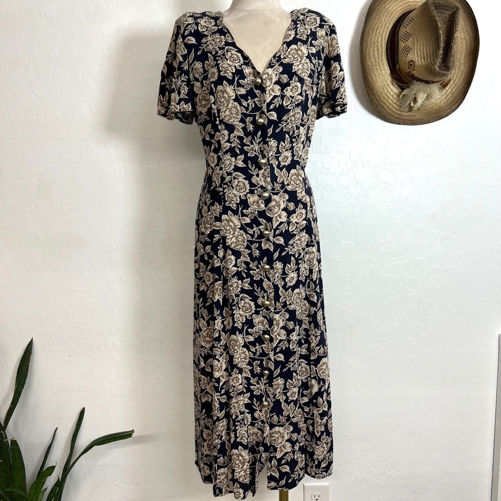 Vintage 90s Caroline Wells Floral Button Down Dress sz 10 Tie-Back Dark Academia